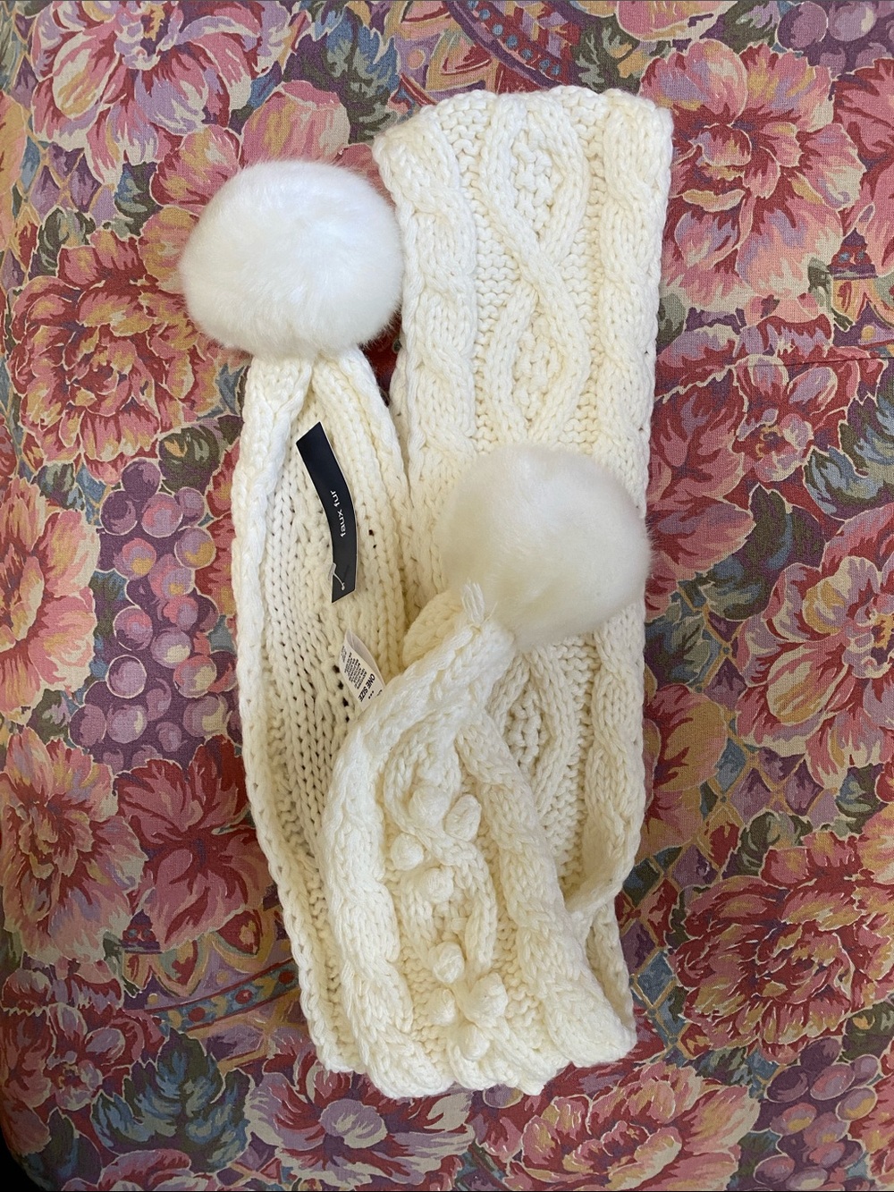 GAP Cream Cable Knit Hat with Double Pom